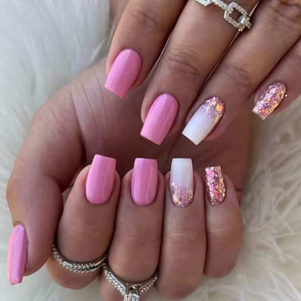 24 Pc Pink Glitter Ombre Press On Nails | Medium Square Nails